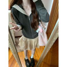批发韩系波点<b class='q'>撞色</b>卫衣连帽毛衣开衫女早秋拉链针织外套半身裙两件套