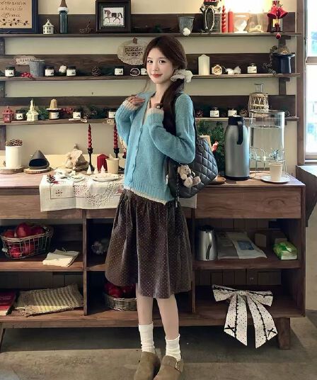 한 부서 분위기 센스 도파민 파란색 페이크 레이어드 니트 오픈 가디건 여성 긴 소매 스웨터 코트 반신 스커트 투피스 세트
