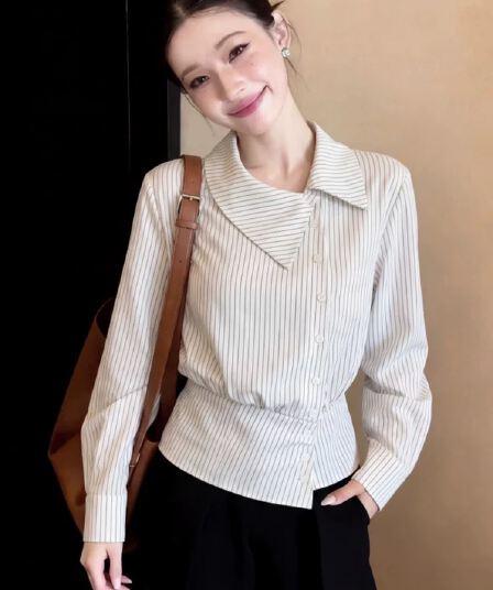 이른 가을 외출용 셔츠 재킷 고급 센스 품격 맨위 얇은 프랑스식 살구 색상 스트라이프 POLO 칼라 긴팔 여성 셔츠