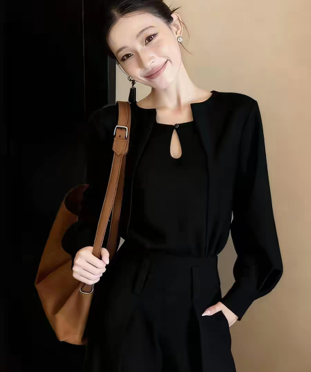 세련된 외국 가스 슈퍼 잘 생긴 검정색 긴팔 작은 셔츠 새로운 루즈핏 캐주얼 품격 슬림해 보이는 다용도 디자인 센스 맨위