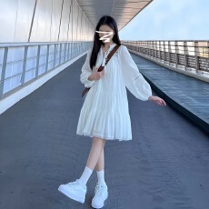 批发春秋新款 小个子假镂空法式拼接<b class='q'>七分袖</b>白色<b class='q'>连衣裙</b>子泡泡短裙