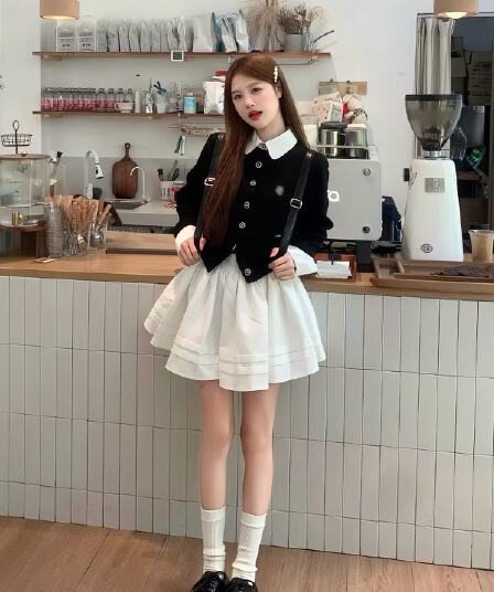 학원 스타일 이른 가을 착용 가져 가라. 전체 집합 배색 패치워크 페이크 레이어드 오픈 가디건 스웨터 플리츠 반신 치마 투피스 세트