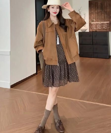 Breeze 가져 가라. 달 의류 새로운 호박색 깃발 바람 홀로우 아웃 폴로 칼라 루즈핏 가죽 재킷 여성 플러스 꽃무늬 드레스