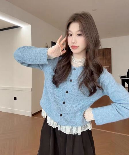 부드러운 바람 품격 소녀 센스 파란색 니트 오픈 가디건 여성 의류 2026 가을 겨울 새로운 다용도 슬림해 보이는 아름다운 맨위