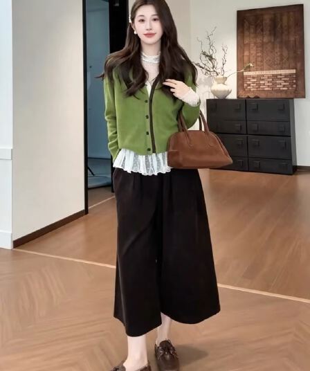 가을 겨울 새로운 새로운 루즈핏 느긋한 바람 니트 스웨터 여성 도트 무늬 기본 셔츠 플러스 바지 3종 세트
