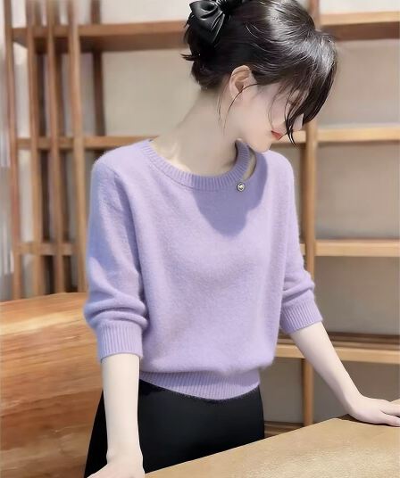 한 부서 느긋한 바람 느슨함 센스 보라색 스웨터 루즈핏 슬림해 보이는 불규칙 홀로우 아웃 니트 스웨터 여성 가을 겨울철 맨위