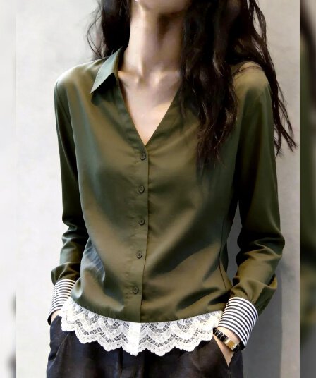 2026 년 가을 신제품 여성 레이스 밑단 Chic 고급 센스 세련된 작은 셔츠 감기 익스트림 제인 군용 녹색 맨위