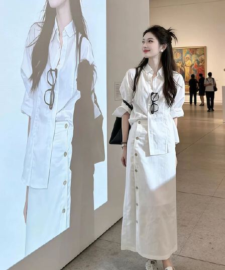 화이트 셔츠 반신 여성 드레스 조기 가을 2026 새로운 작은 키 한 부서 착용 가져 가라. 에이즈 환자 세트 롱 스커트