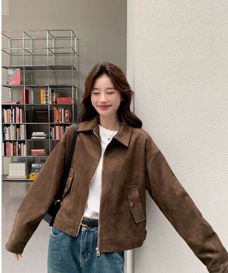 아름다움 라드. 쇼트 스타일 스웨이드 원단 여성 코트 봄과 가을 옷 아메리칸 레트로 느긋한 chic 다시 차가운 다시 바람의 소리 가죽 재킷 재킷