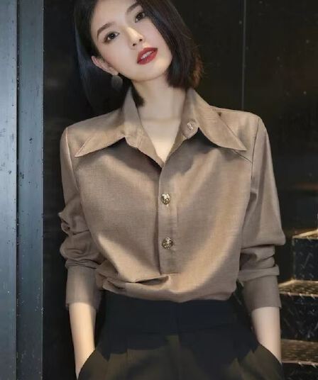 긴팔 여성 셔츠 2026 가을 겨울 새로운 한국 스타일 루즈핏 단색 폴로 칼라 맨위 고급 센스 외국 가스 셔츠 재킷