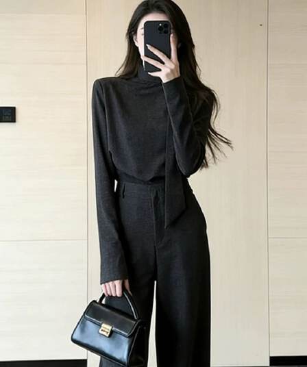 2826 가을 오래된 돈 바람 착용 가져 가라. 로얄 자매 빛 요리 한 캐주얼 레트로 어두운 회색 레이스 업 셔츠 와이드 레그 팬츠 세트 여성