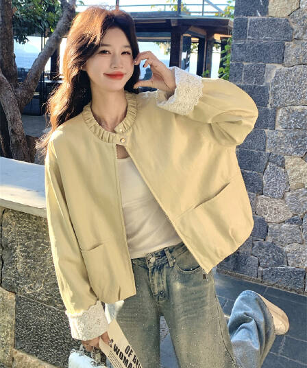 우유 황색 레이스 라운드 넥 레이스 커프스 재킷 여성 코트 봄 가을 2026 새로운 부드러운 절묘한 아름다운 맨위