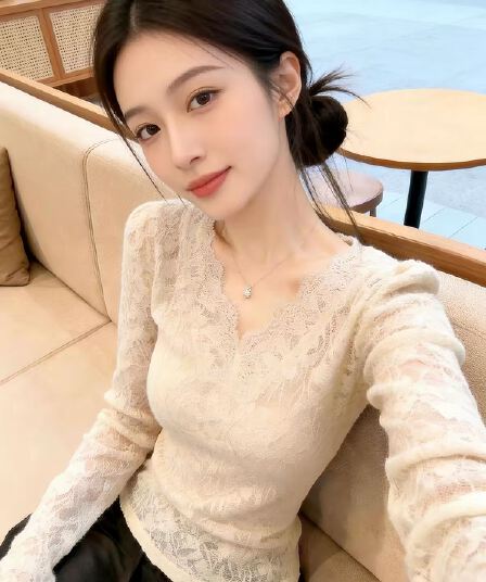프랑스식 빛 요리 한 바람 V넥 레이스 레이스 홀로우 아웃 맨위 여성 몸매 가꾸기 긴팔 기본 셔츠 부드러운 바람 인사이드 잡아라. 의류