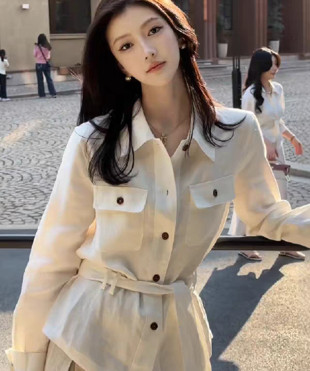오래된 돈 바람 품격 POLO 칼라 긴팔 여성 셔츠 가을 새로운 루즈핏 허리 수축 레이스업 셔츠 중간 길이 맨위