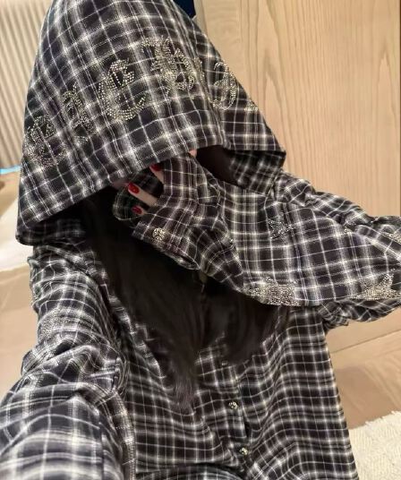 산스크리트어 오각형 별 양팔 핫픽스 후드 여성 셔츠 가을 체크무늬 아메리칸 레트로 핫걸 디자인 센스 맨위 트렌디
