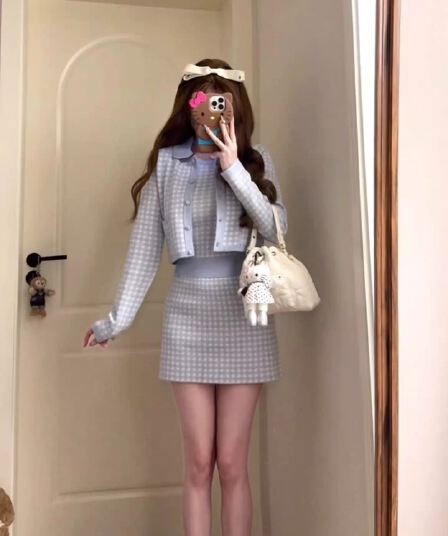 작은 샤넬 스타일 배색 니트 오픈 가디건 세트 여성 가을 천 금빛 바람 품격 다용도 패션 세 조각 세트