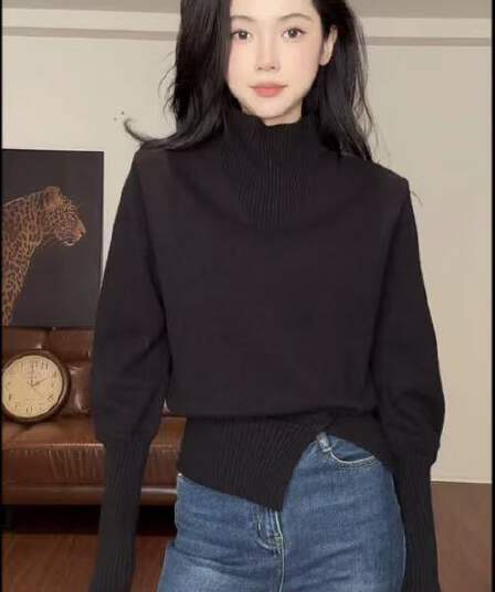 2026 가을 겨울 새로운 스웨터 느긋한 디자인 센스 루즈핏 반하이넥 니트 스웨터 여자