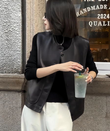 레트로 PU 가죽 민소매 베스트 봄 가을