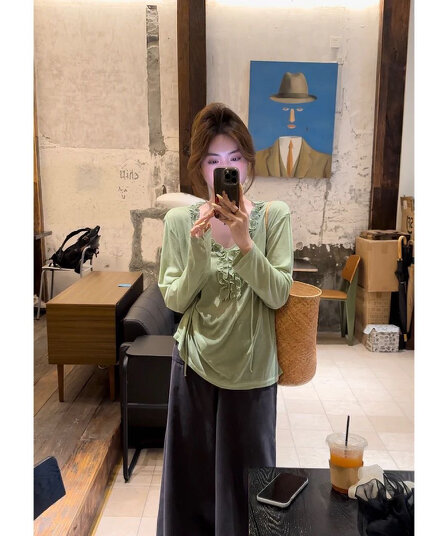 2026 이른 가을 두 복숭아의 꽃 측면 자외선 차단 tee 한 부서 작은 대중 디자인 센스 부드러운 찹쌀 느슨함 블라우스 맨위