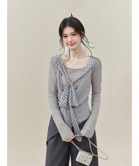 페이크 레이어드 회색 체크무늬 패치워크 긴팔 티셔츠 여성 디자인 센스 나비 매듭 스트랩 흔들다 칼라 인사이드 잡아라. 의류 가을