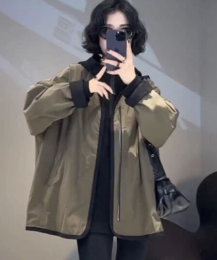 유럽 상품 배색 양면 착용 V넥 바람막이 여성 봄 가을 새로운 루즈핏 슬림해 보이는 야구 중간 길이 캐주얼 재킷 트렌디