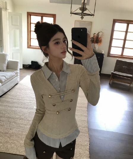 기타 한 작은 물고기 musefish 중년 나폴레옹 아메리칸 레트로 디자인 센스 배색 스트라이프 페이크 레이어드 세트
