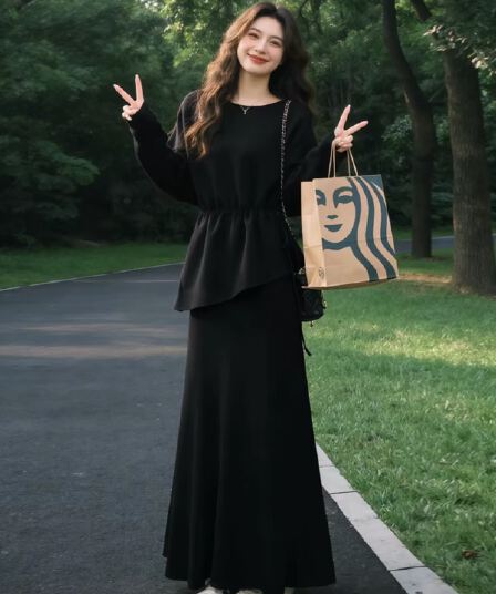 한 부서 부드러운 바람 자이언트 잘 생긴 ~ 중 검정색 캐주얼 세트 드레스 여성 가을 의상 2026 슈퍼 화재 연령 감소 착용 가져 가라. 전체 집합