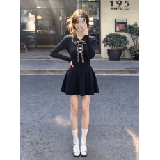 批发秋冬蝴蝶结修身针织蓬蓬<b class='q'>连衣裙</b>新款长袖学院收腰显瘦A字超短裙女