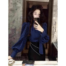 批发藏蓝色<b class='q'>波点</b><b class='q'>衬衫</b>女轻奢高级感秋季穿搭复古法式独特漂亮<b class='q'>雪纺</b>小上衣