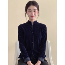 批发2026新中式<b class='q'>女装</b>藏青色立领单排扣丝绒开衫外套洋气高级感国风上衣