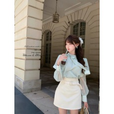 批发甜水仙日光诗集名媛风蝴蝶结套装女秋长袖衬衫高腰半身<b class='q'>裙</b>两件套