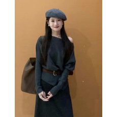 批发2026韩系穿搭灰色长袖针织打底衫女秋冬黑色半<b class='q'>裙</b>毛衣内搭两件套
