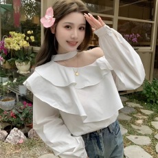 批发小心机露肩挂脖<b class='q'>衬衫</b><b class='q'>女</b>装夏季法式荷叶边小衫别致漂亮蓝色<b class='q'>短袖</b>上衣