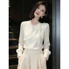批发2026秋季新款<b class='q'>甜美</b>时尚高级缎面飘带蝴蝶结雪纺法式衬衫女上衣