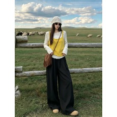 批发韩系甜美三件套女小花长袖打底针织吊带抽绳阔腿裤叠穿慵懒套装