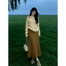批发秋冬季新款两件套装女 一字肩针织衫波点长<b class='q'>裙</b><b class='q'>超</b>好看一整套穿搭