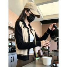 批发巨好看翻领毛衣<b class='q'>外套</b>上衣秋今年流行爆款撞色<b class='q'>长袖</b>针织开衫气质女装