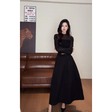 批发早秋韩系黑色微透长袖针织衫女修身内搭毛衣打底衫加半身裙套装