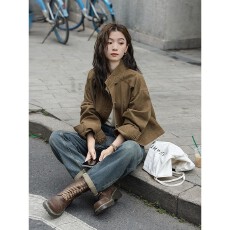 批发复古咖色<b class='q'>牛仔</b>短外套2026春秋新款小众宽松立领工装夹克上衣女