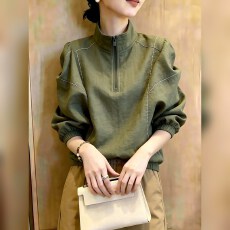 批发2026新款法式通勤风立领拉链上衣女绿色宽松显瘦高级感小众穿搭