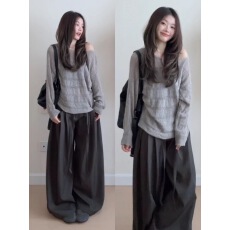 批发秋季慵懒风斜肩毛衣上衣女高腰阔腿裤两件套装韩系一整套ootd穿搭