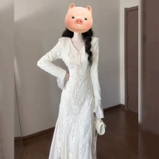 批发许知意法式v领蕾丝长袖连衣裙女秋季修身气质鱼尾裙长裙年会礼服