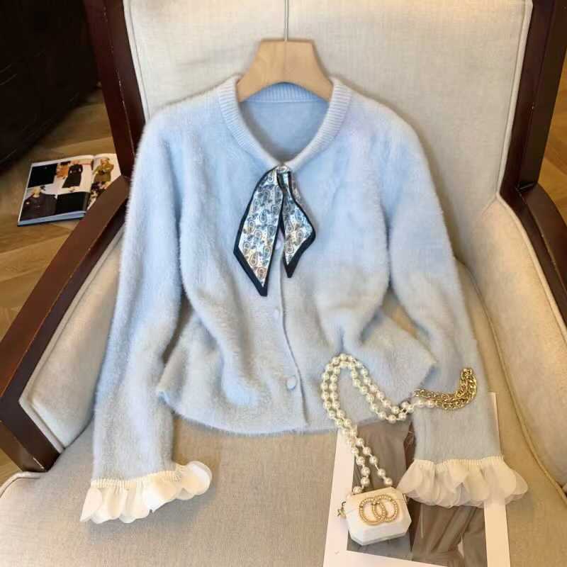 MY14641# 仿貂毛针织开衫女穿搭新款蓝色长袖上衣超火减龄毛衣外套女裝...