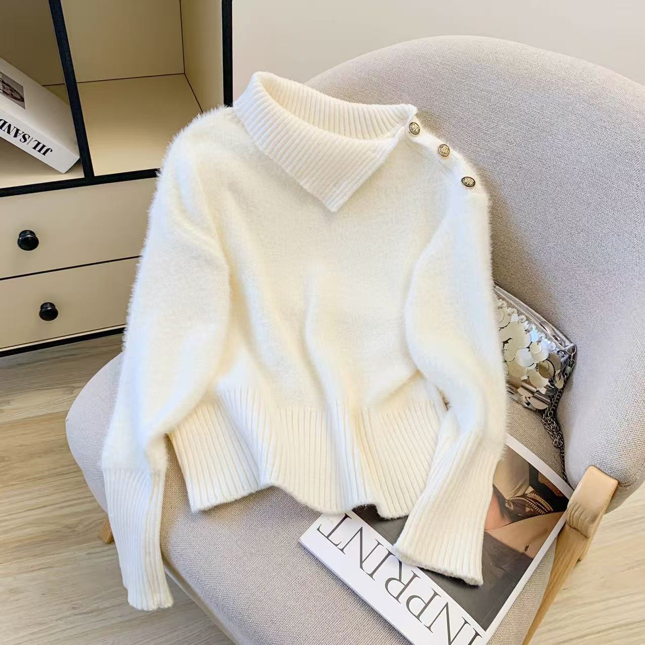 MY14774# 仿貂大气米白色短款收腰毛衣女秋冬季新款奶fufu软糯针织...