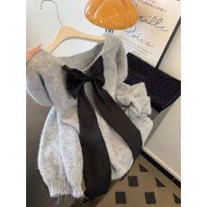 批发灰色蝴蝶结v领套头毛衣女小个子高级感慵懒松弛感毛线衣宽松外穿