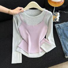 批发实拍<b class='q'>日系</b>假两件长袖针织衫女春秋冬百搭修身显瘦内搭打底上衣chic