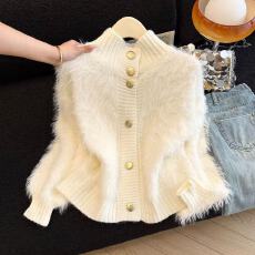 批发实拍高领软糯仿水<b class='q'>貂绒</b>毛衣开衫胖MM大码女装气质毛针织厚<b class='q'>外套</b>冬