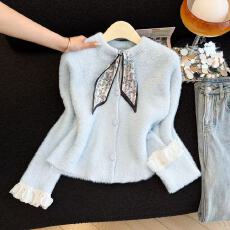 批发实拍仿貂毛秋冬小众设计高级感丝巾针织衫宽松软糯百搭开衫<b class='q'>毛衣</b>