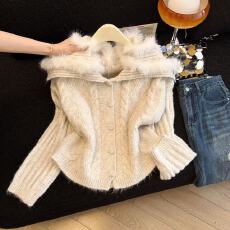 批发实拍韩女千金大翻领毛衣针织衫女海军领短款外套25新带毛毛领chic