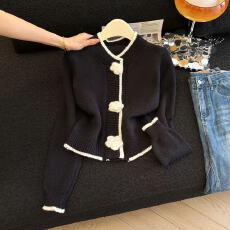 批发实拍小香风气质毛衣外套女秋冬修身短款山茶花针织<b class='q'>衫</b>开<b class='q'>衫</b>秋冬上衣